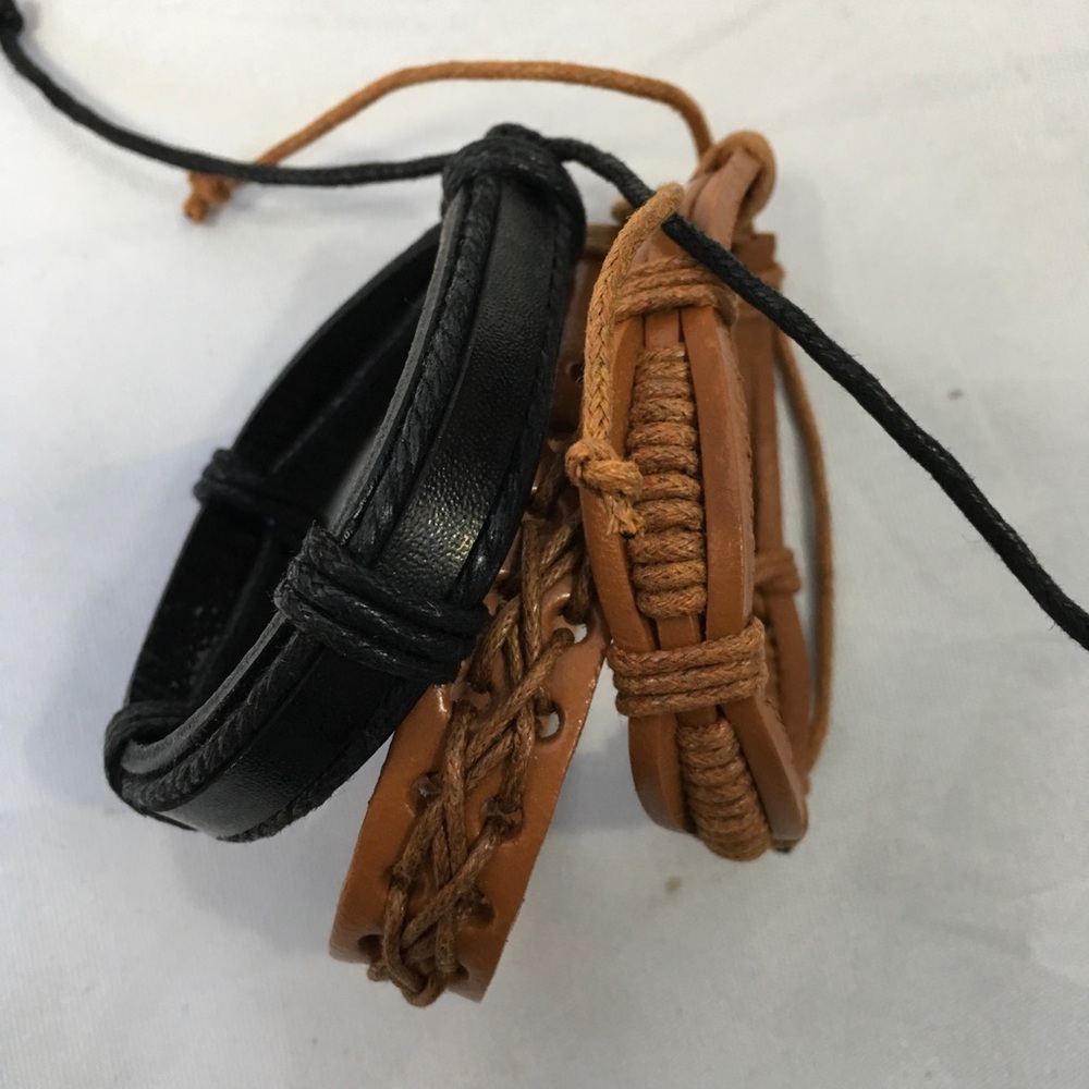 Genuine Leather Unisex 3 Cuff Tie Bracelets - Picture 2 of 5